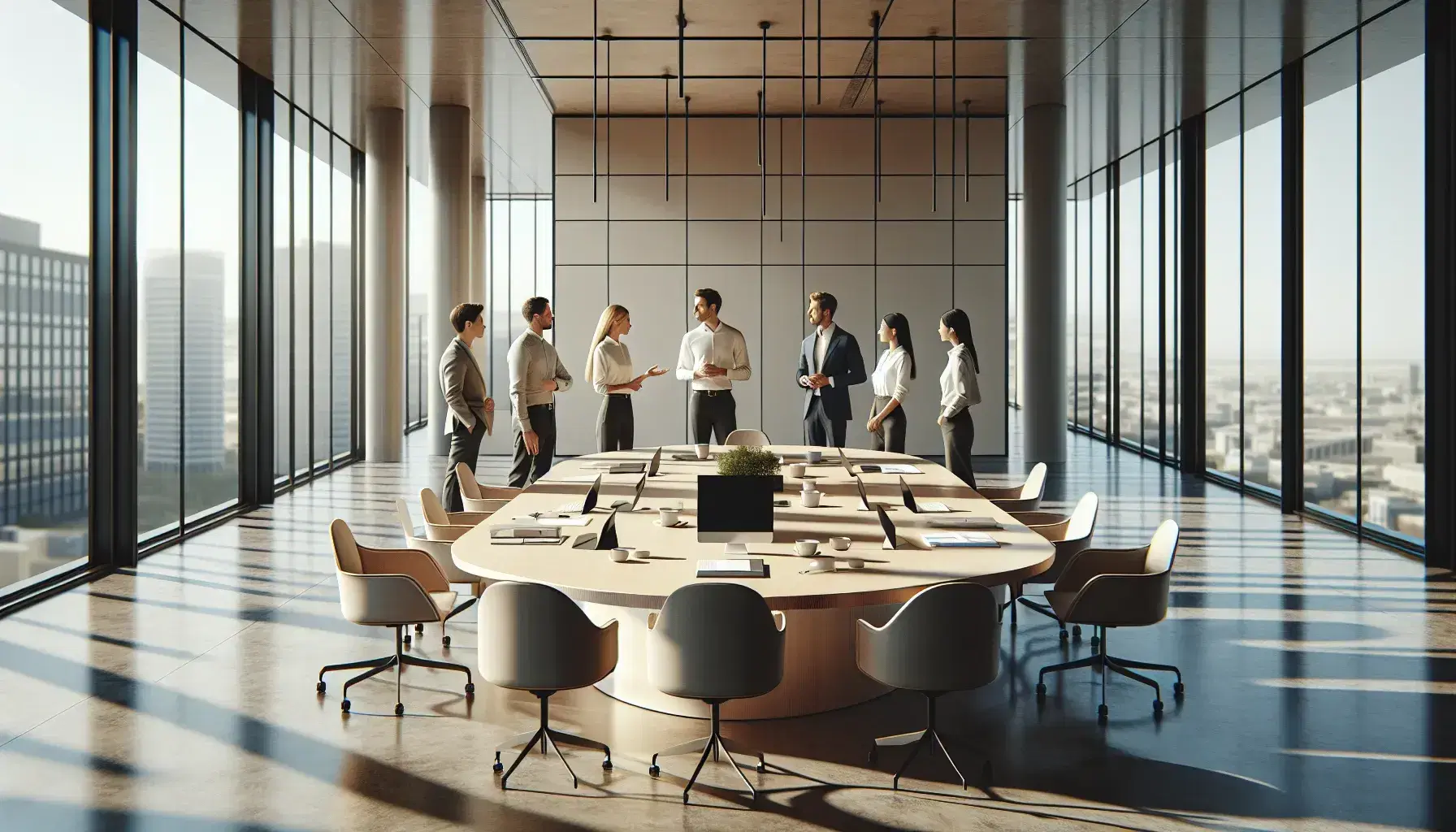 Grupo de cinco profesionales colaborando en una oficina moderna con mesa de conferencia, dispositivos móviles y ventanas grandes con luz natural.