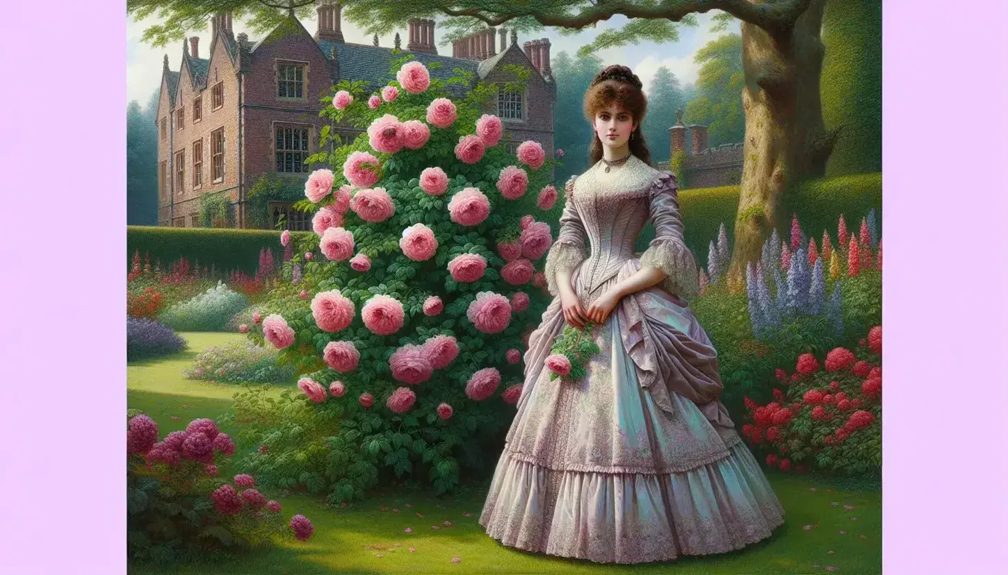 Victorian woman in pastel gown admires roses in a manicured garden with stately manor backdrop, holding a book, under a clear blue sky.