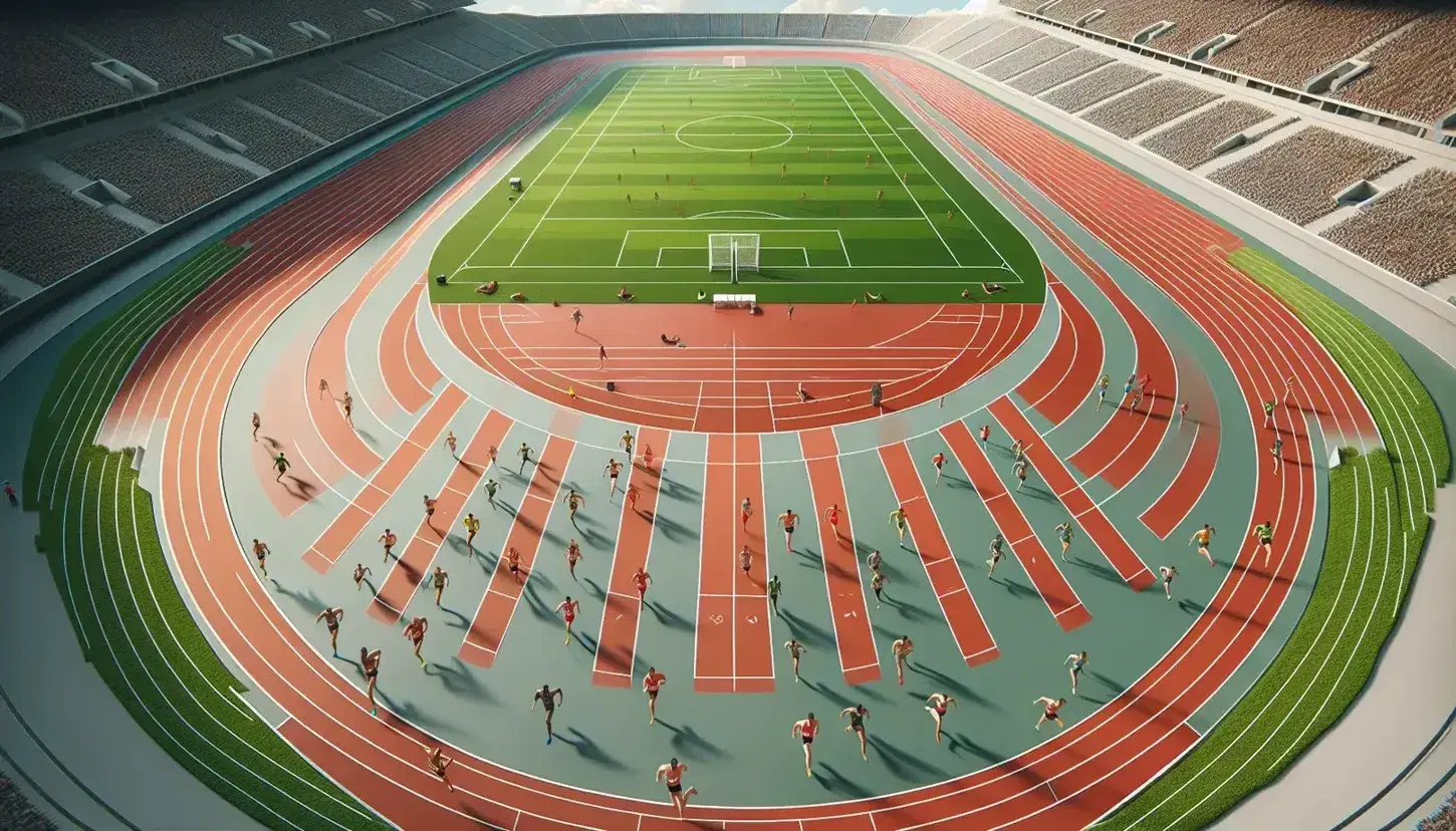 Pista di atletica con atleti in gara, corsie rosse e campo interno verde, tribune vuote e cielo azzurro con nuvole sparse.