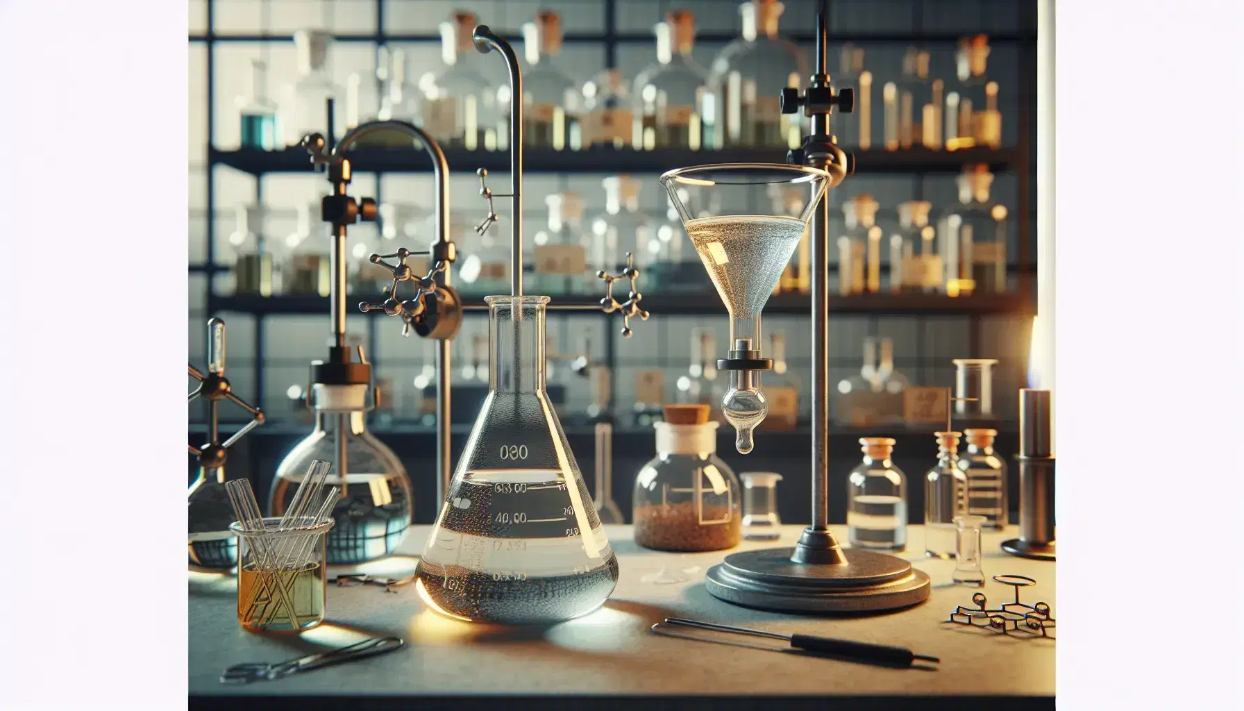 Laboratorio de química clásico con matraz Erlenmeyer, mechero Bunsen encendido, embudo de separación y estantes con frascos de sustancias coloridas.
