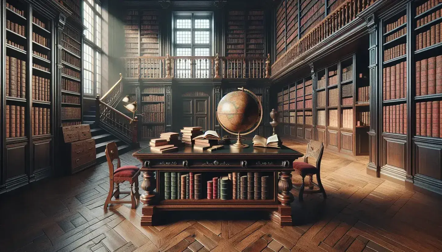 Biblioteca antigua con estanterías de madera oscura llenas de libros, mesa central con libros abiertos y globo terráqueo, silla con cojín rojo y luz natural de ventana.