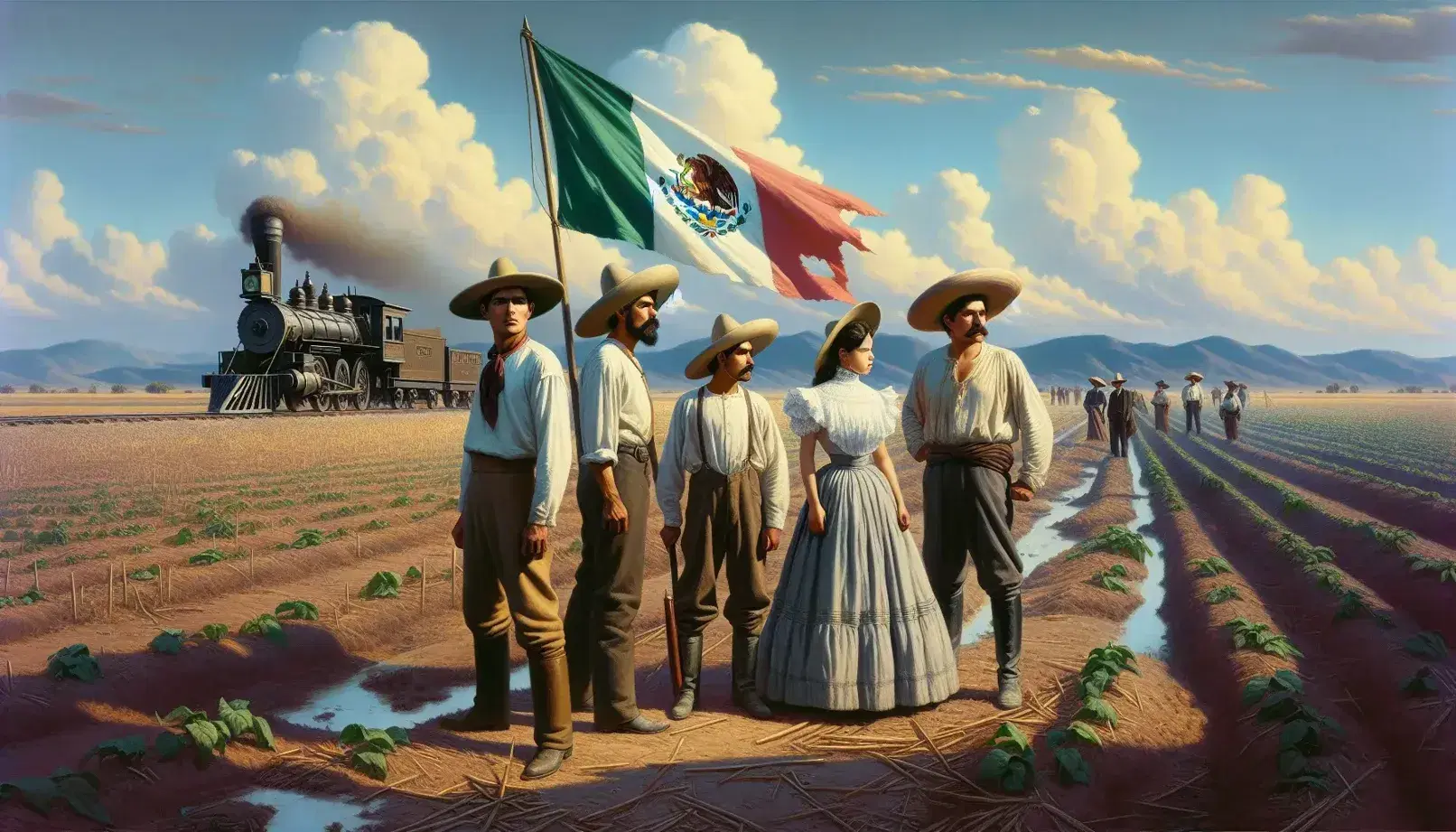 Grupo de cinco personas con vestimenta típica del siglo XX sosteniendo bandera mexicana sin emblema, frente a paisaje rural y locomotora antigua.