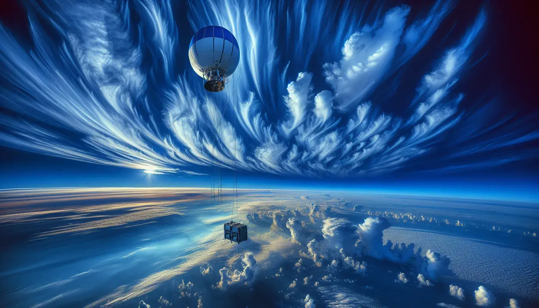 Palloncino meteorologico riflettente sale nel cielo azzurro sfumato con nuvole cumulo e cirri, orizzonte terrestre sfocato in lontananza.