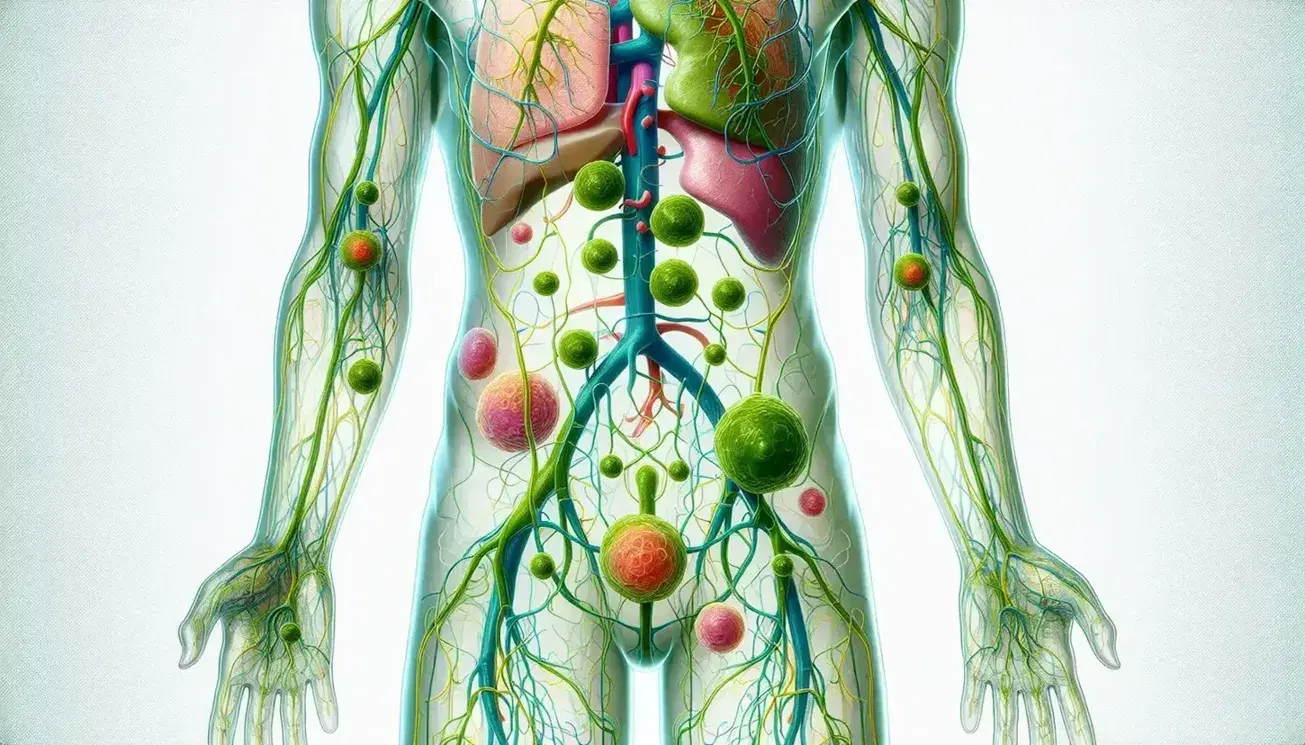 Sistema linfatico umano dettagliato con vasi in verde chiaro, nodi linfatici in verde scuro, milza intensa e dotto toracico evidenziato.