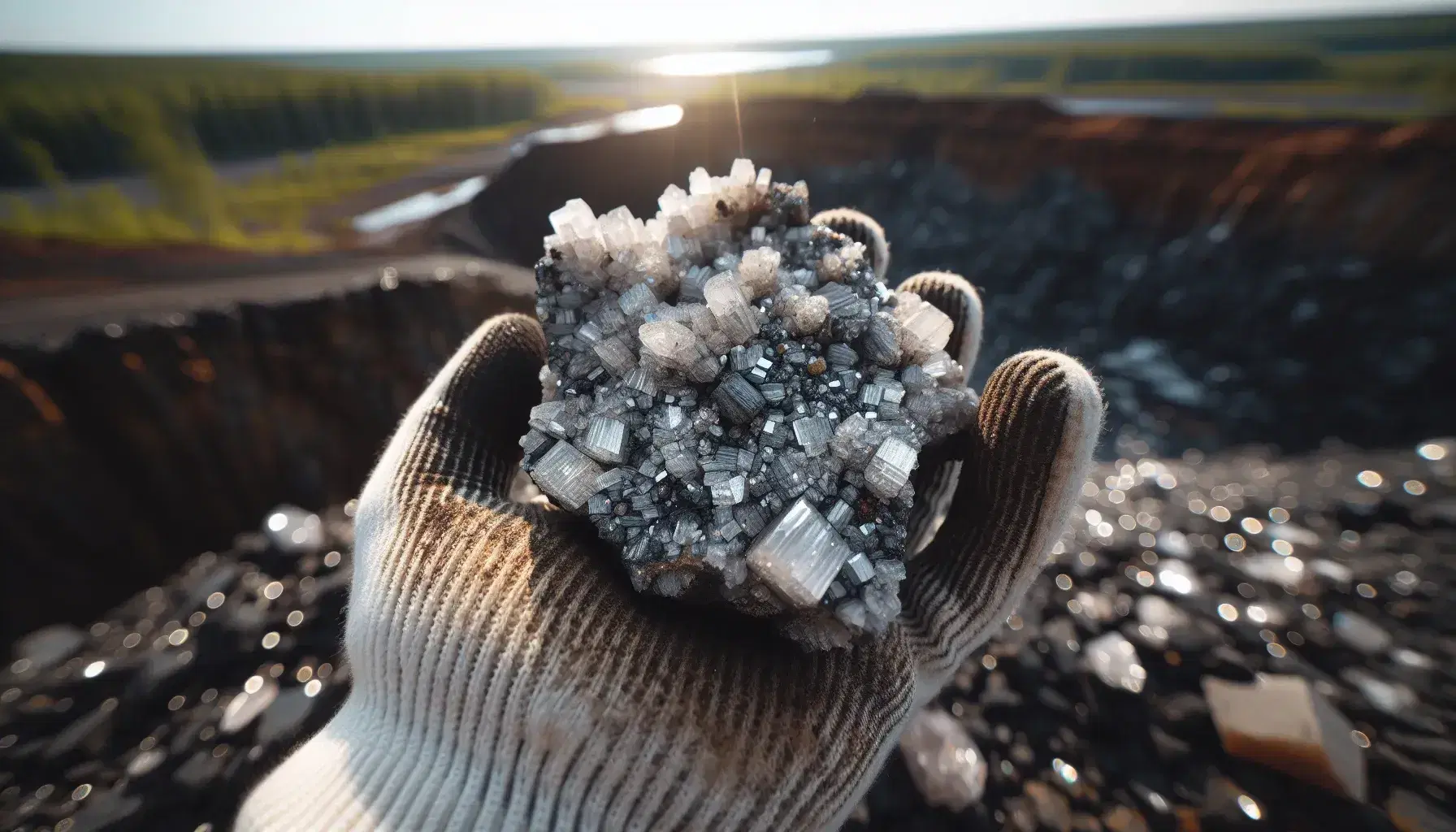 Mano enguantada sosteniendo una roca ígnea granular con cristales visibles en tonos blancos, grises, negros y marrones, con fondo natural desenfocado.