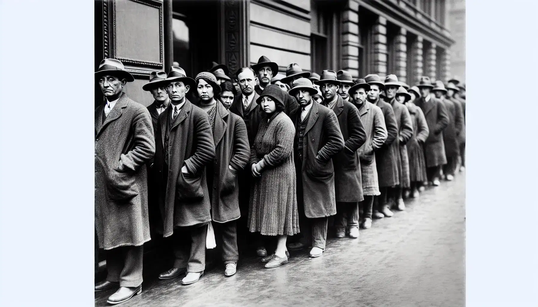 1930s breadline with diverse men in suits and women in modest dresses, reflecting Great Depression hardship, against a backdrop of period city architecture.