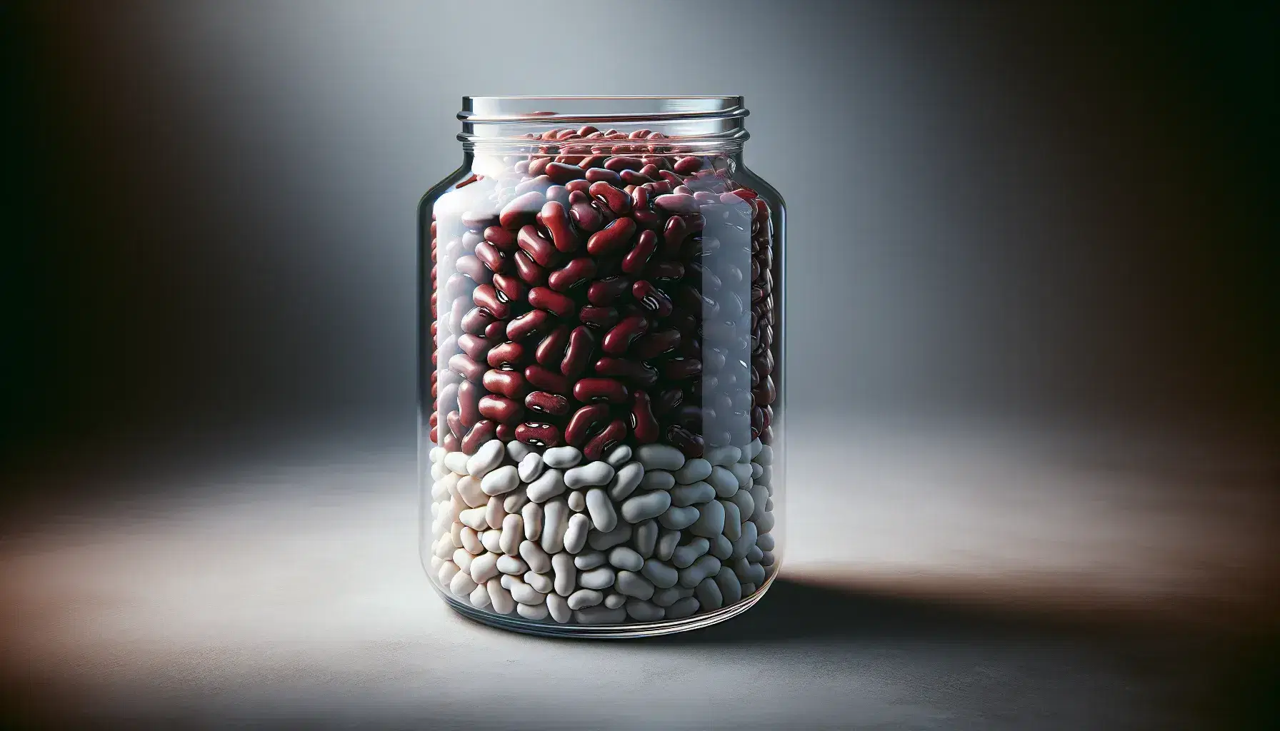 Transparent glass jar with red and white beans on neutral surface, blurred steel scoop in background.