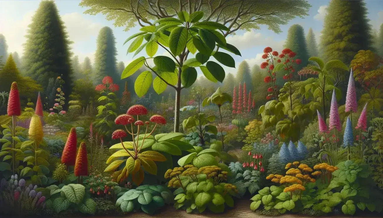 Jardín botánico con planta de hojas verdes en primer plano, flores coloridas detrás y árbol frondoso al fondo bajo cielo azul con nubes dispersas.