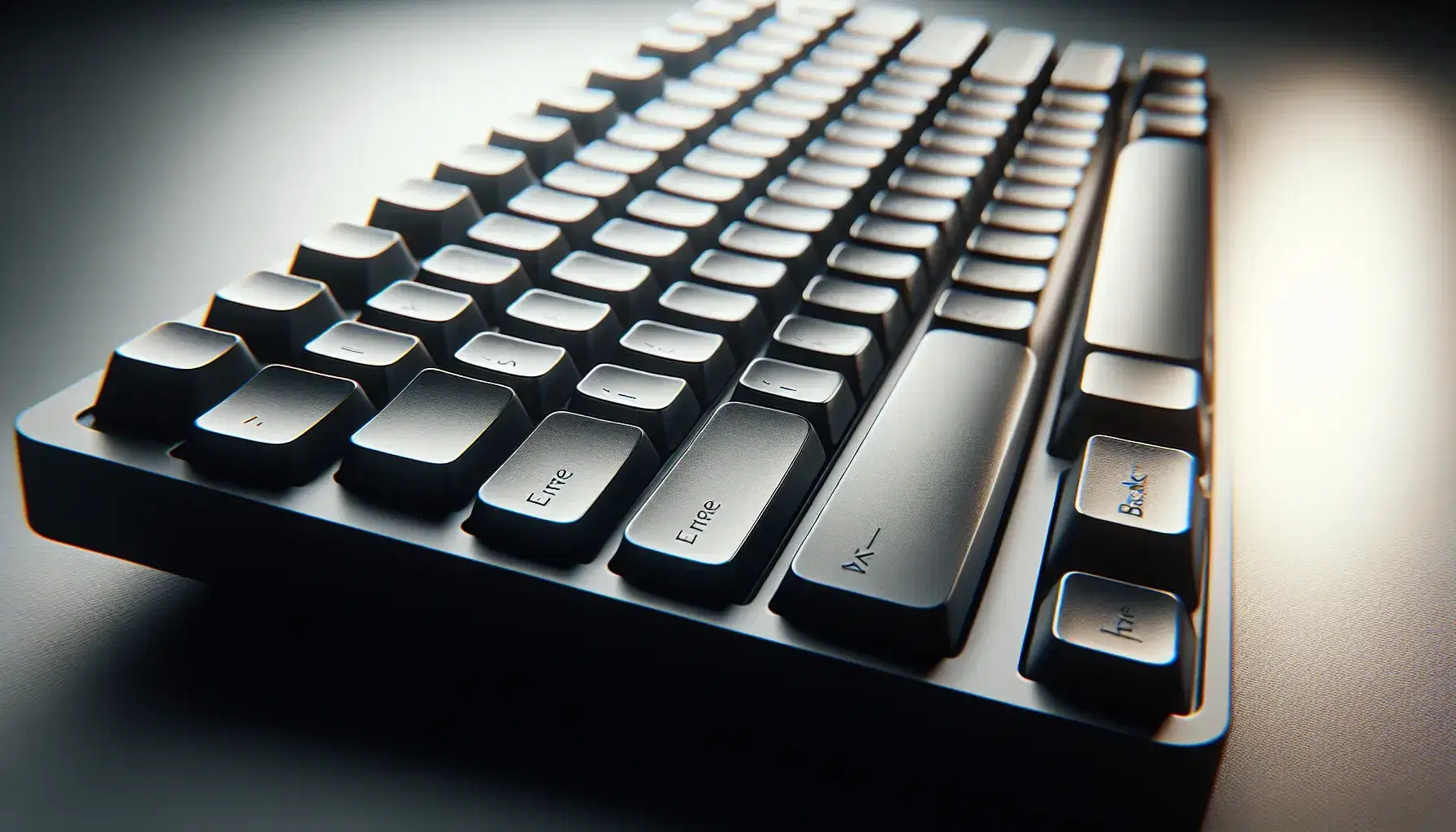 Featured modern QWERTY computer keyboard, matte black finish, keys without visible symbols, minimalist design, soft lighting.