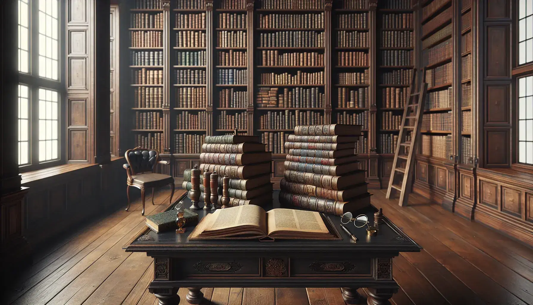 Biblioteca antigua con estanterías de madera oscura llenas de libros de lomos gruesos, mesa central con libros abiertos, gafas redondas y pluma estilográfica bajo una ventana iluminada.