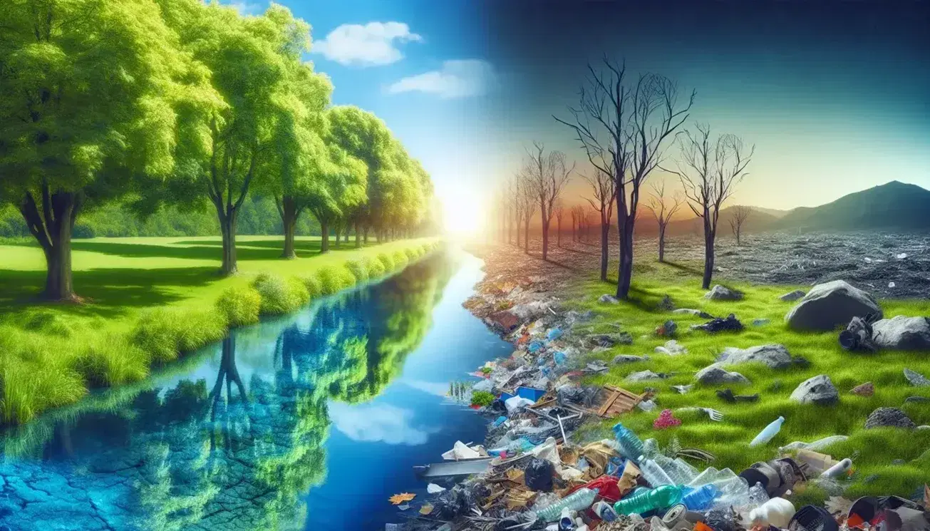 Paesaggio contrastante con fiume limpido e prato verde a sinistra, e terreno arido con discarica e alberi secchi a destra, simbolo di inquinamento.