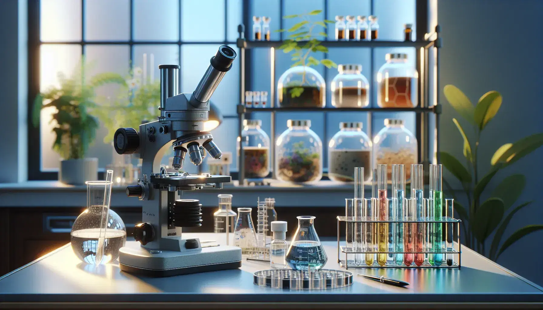 Laboratorio de biología con microscopio, tubos de ensayo con líquidos de colores y planta in vitro, estantería con frascos y científico anotando.
