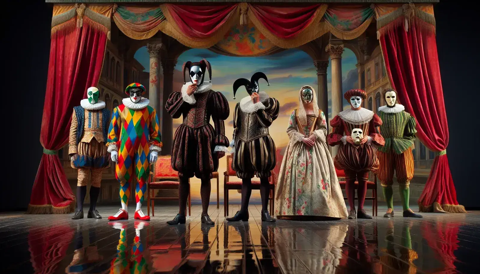 Attori in costume da Commedia dell'Arte su palco esterno: Arlecchino, Pantalone e Colombina, con drappi rossi e oro e cielo dipinto.