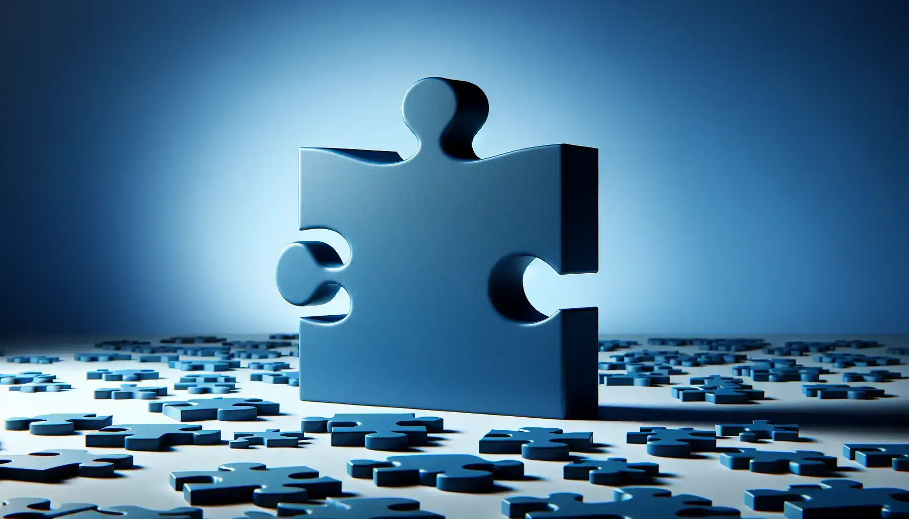 Large royal blue puzzle piece stands upright surrounded by scattered smaller gray pieces on a gradient blue background, symbolizing uniqueness or a key element.