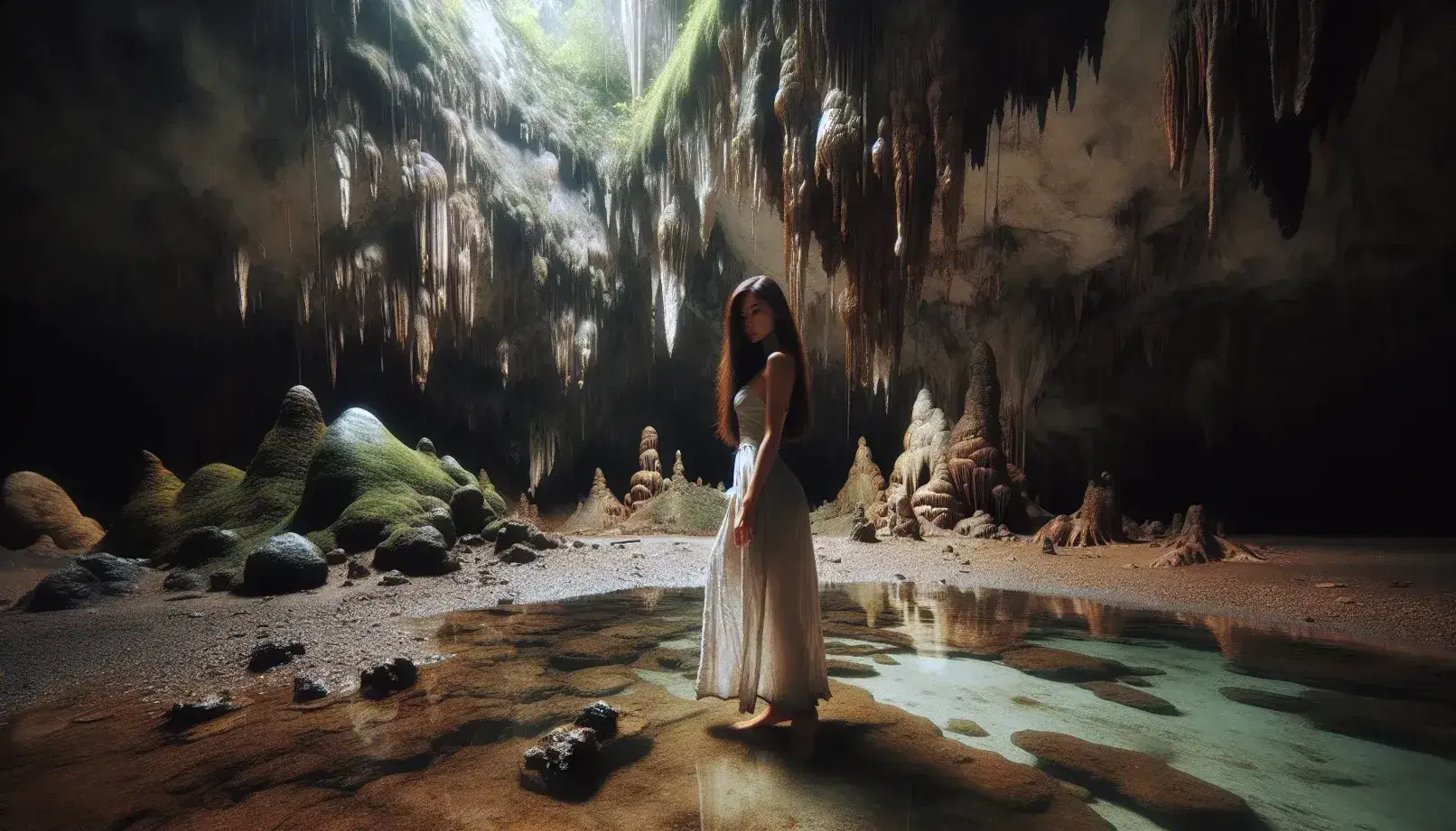 Asian woman in white dress stands in a natural underground cavern with earthy walls, stalactites, and a reflective water pool, exuding a serene atmosphere.