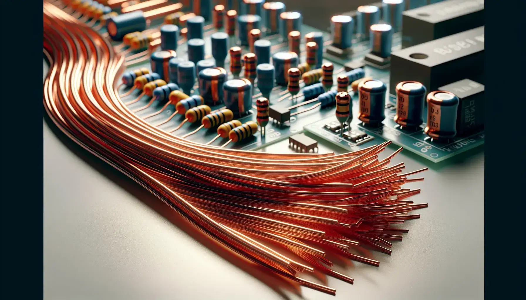 Fili di rame intrecciati lucidi su sfondo chiaro con componenti elettronici sfocati sullo sfondo, evocando connettività e circuiti elettrici.