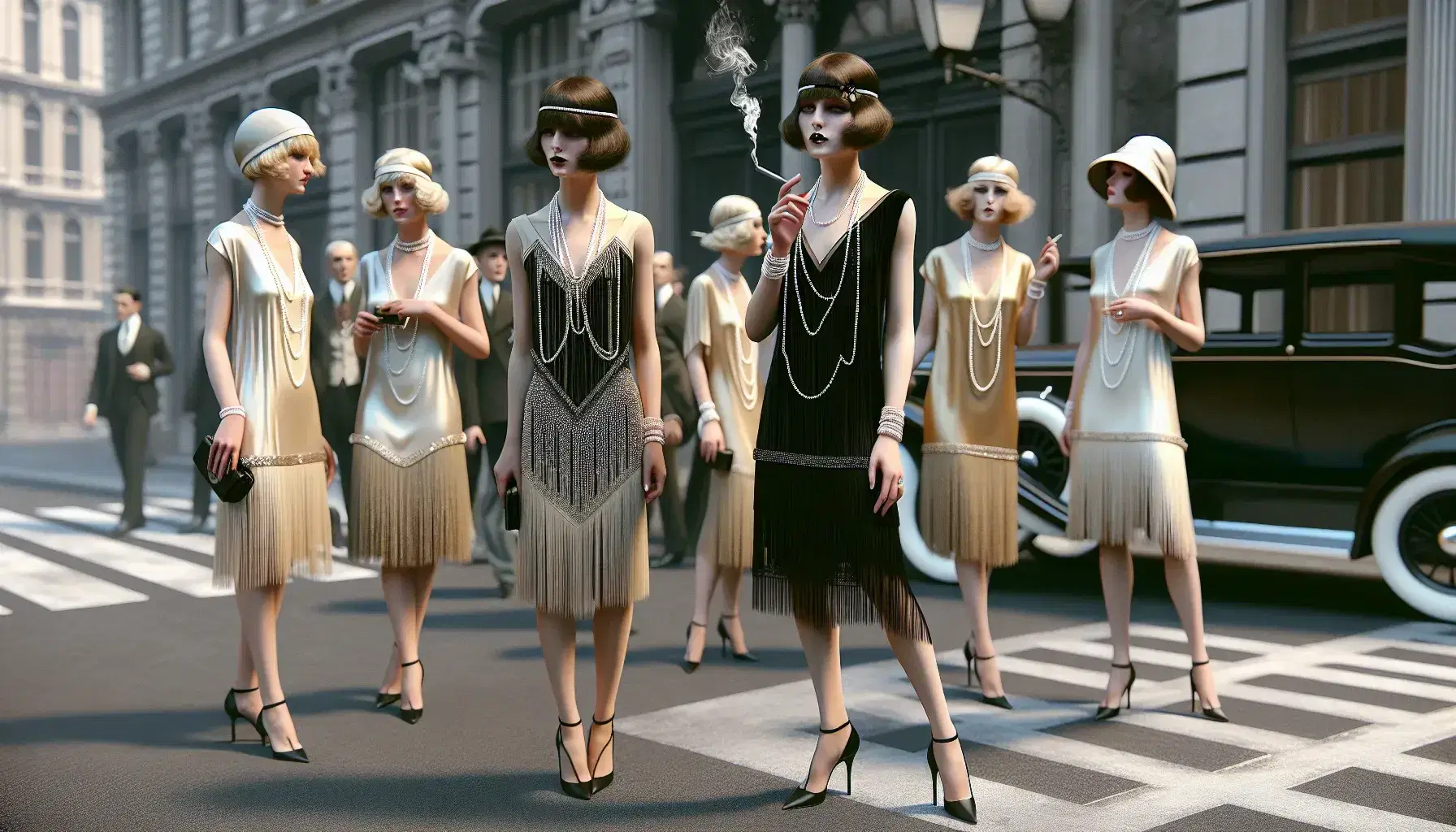 Donne eleganti degli anni '20 su marciapiede cittadino, con abiti flapper, perle e cappelli cloche, in un'atmosfera sofisticata.