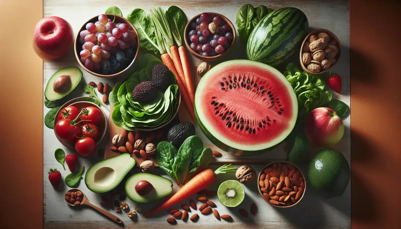 Variedad de frutas y verduras frescas sobre superficie de madera clara, con sandía, uvas, espinacas, lechuga, aguacate, zanahoria, tomate, almendras y nueces.