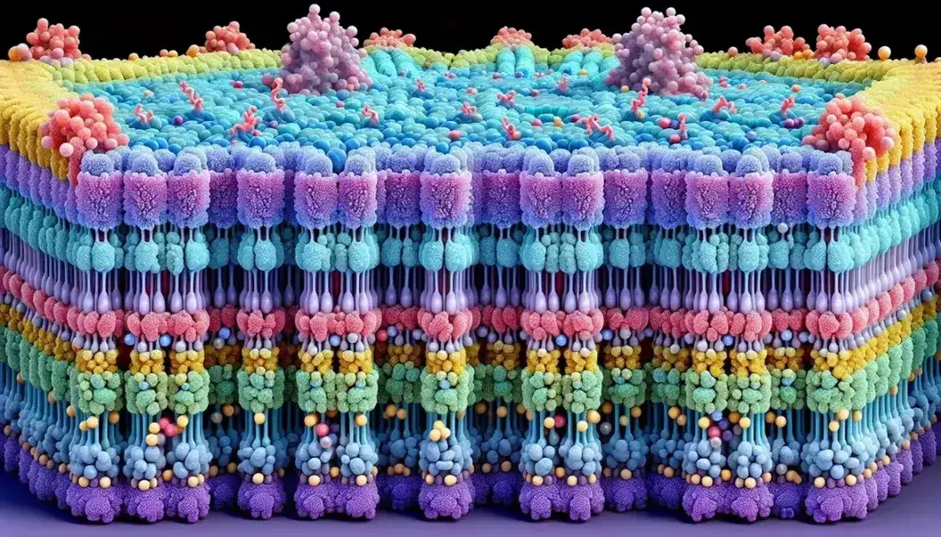 Vista microscópica de una bicapa lipídica de membrana celular con cabezas hidrofílicas en colores claros y colas hidrofóbicas en tonos oscuros, organizadas simétricamente.