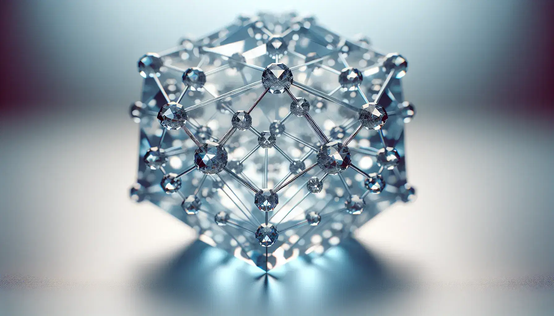 Detailed 3D model of diamond crystal structure, transparent with bright reflections and gray-blue gradient background.