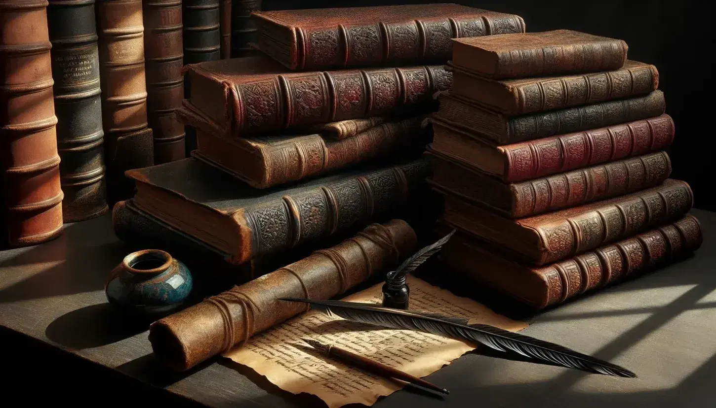 Libros antiguos apilados en mesa de madera oscura con pluma de ave y tintero cerámico azul, evocando un espacio de estudio clásico y sereno.