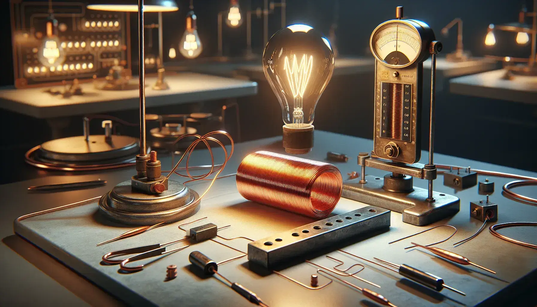 Laboratorio scientifico con avvolgimento di filo di rame, magnete, galvanometro e lampadina accesa, senza persone.