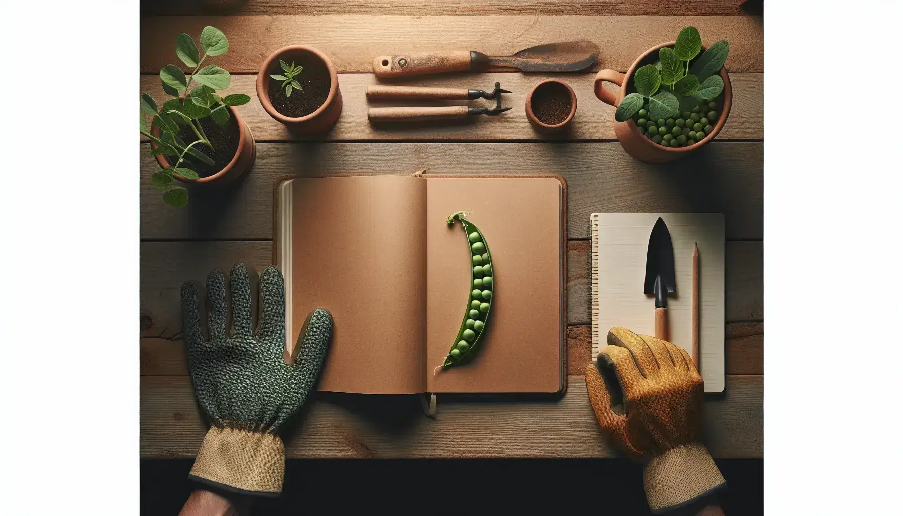 Overhead view of a wooden desk with an open blank notebook, a green pea pod, yellow-black gardening gloves, a terracotta pot with a pea plant, and a wooden magnifying glass.