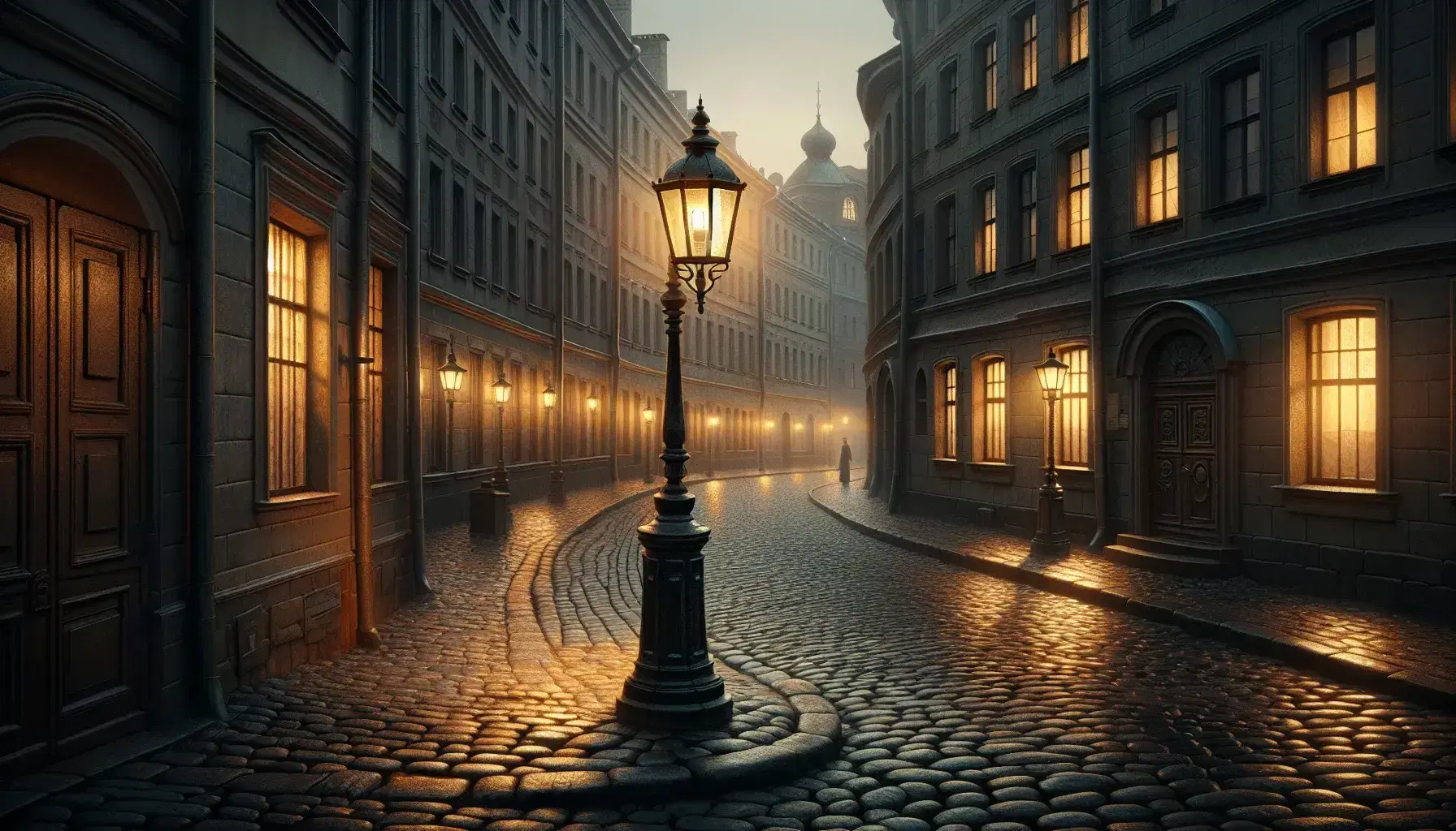 Dimly lit 19th-century Russian street at dusk with a gas lamp and a man in a shapka walking away on cobblestones, evoking "Crime and Punishment."