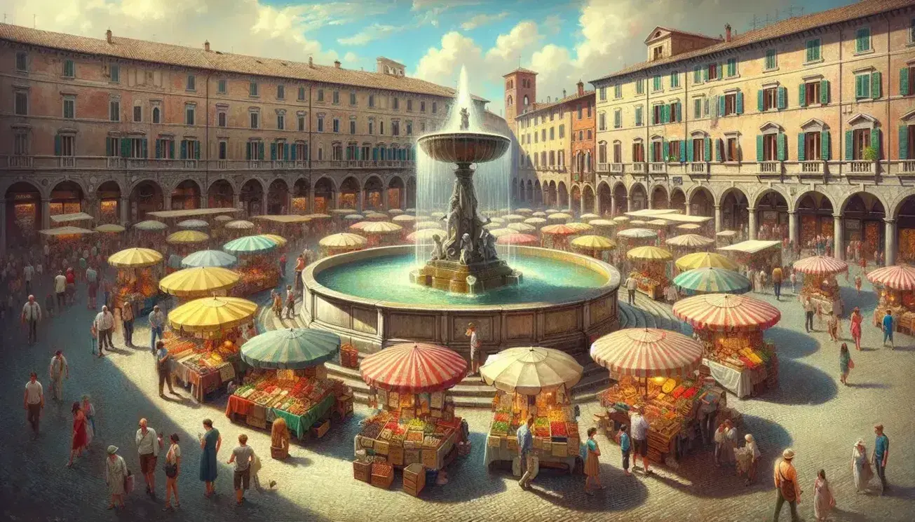 Fontana in pietra con statua e getti d'acqua in piazza italiana affollata da bancarelle colorate e persone durante mercato giornaliero.