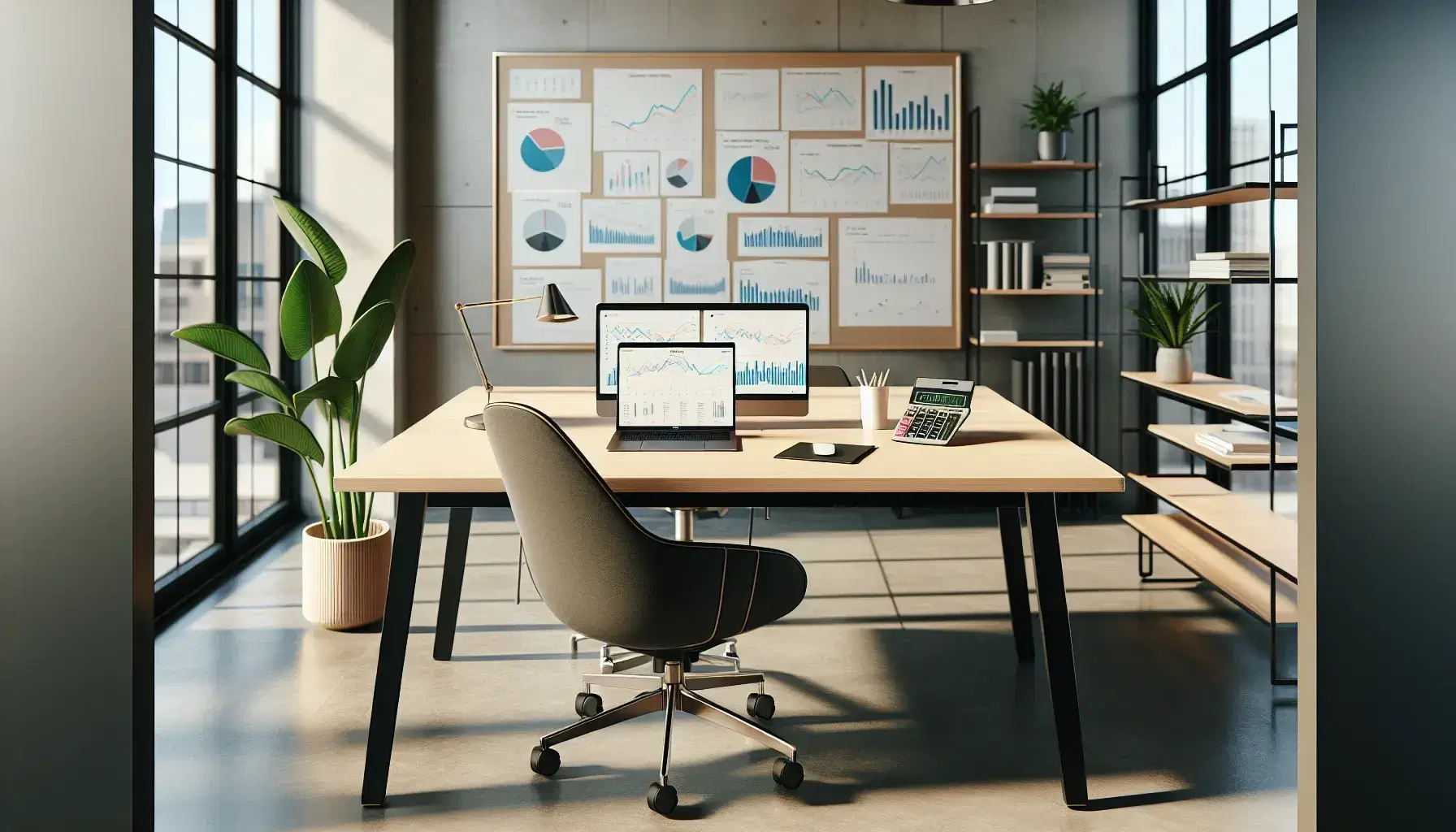 Oficina moderna con mesa de madera, portátil abierto, calculadora, gráficos impresos, silla ergonómica y planta interior, iluminada por luz natural.