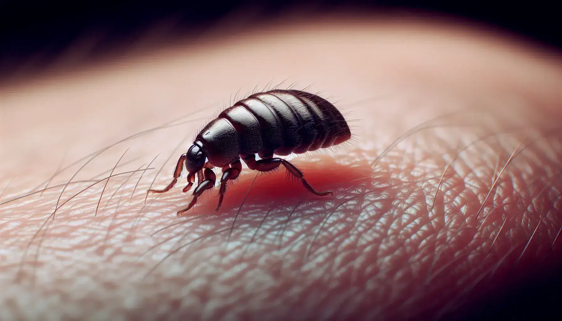 Close-up view of a dark brown flea on human skin, with visible segmented legs and mouthparts, surrounded by slight skin irritation.