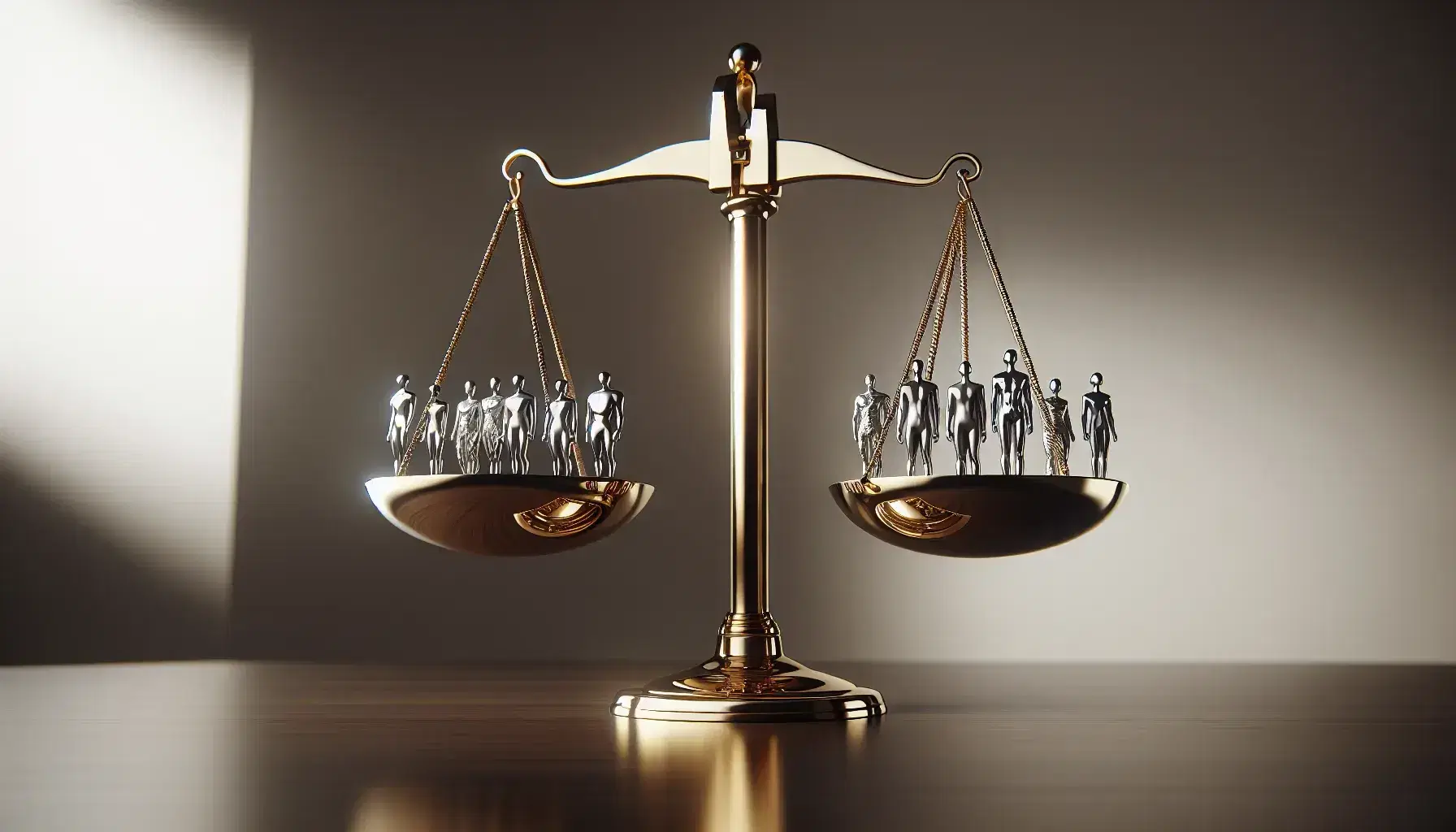 Balanza de la justicia en primer plano con platillos dorados equilibrados, figuras metálicas abstractas en un lado y figuras humanas diversas en el otro, sobre superficie de madera oscura.