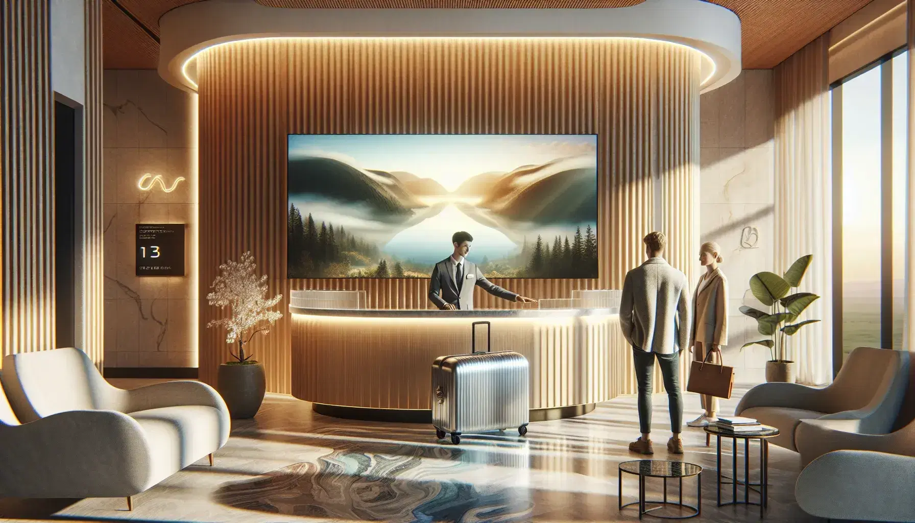 Lobby di hotel moderno con reception curva in legno, cliente con valigia, receptionist professionale e area d'attesa accogliente.