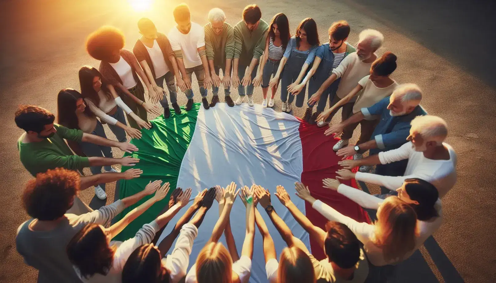 Gruppo multietnico in cerchio con mani unite al centro, simbolo di unità, su sfondo di bandiera italiana sventolante.