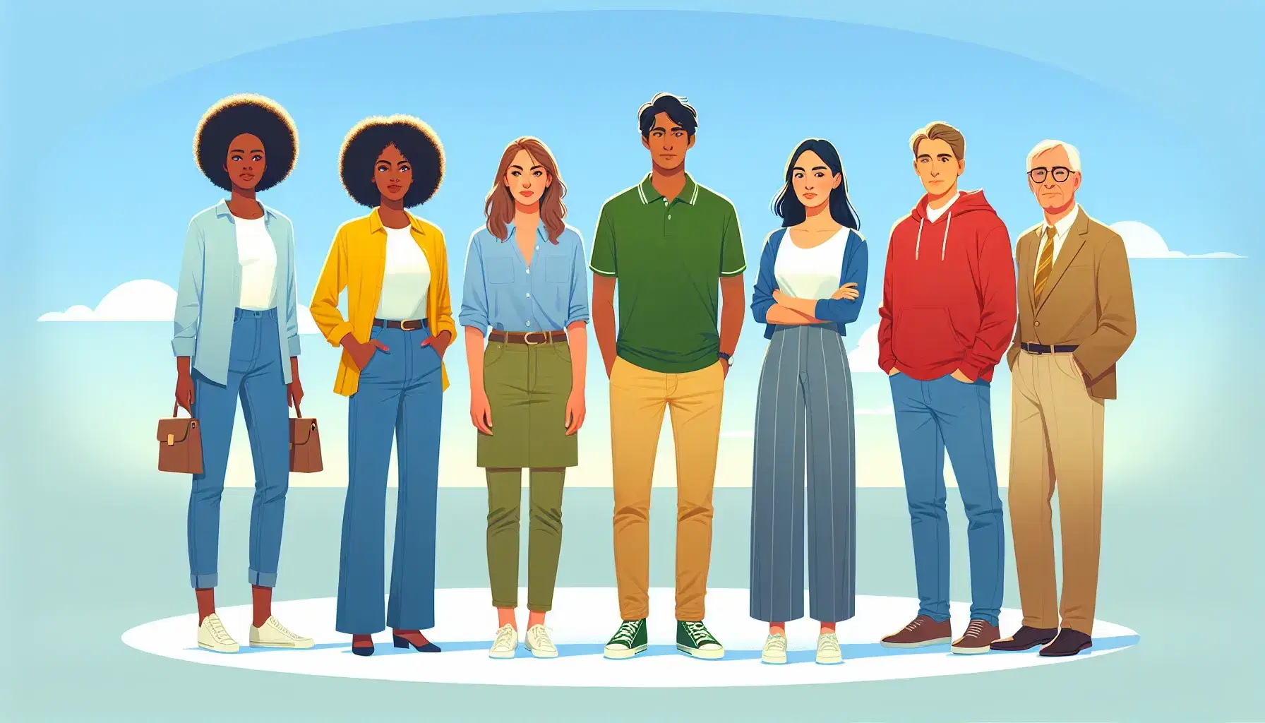 Diverse group of six smiling people of different ethnicities and ages, in casual clothes, under a clear blue sky.