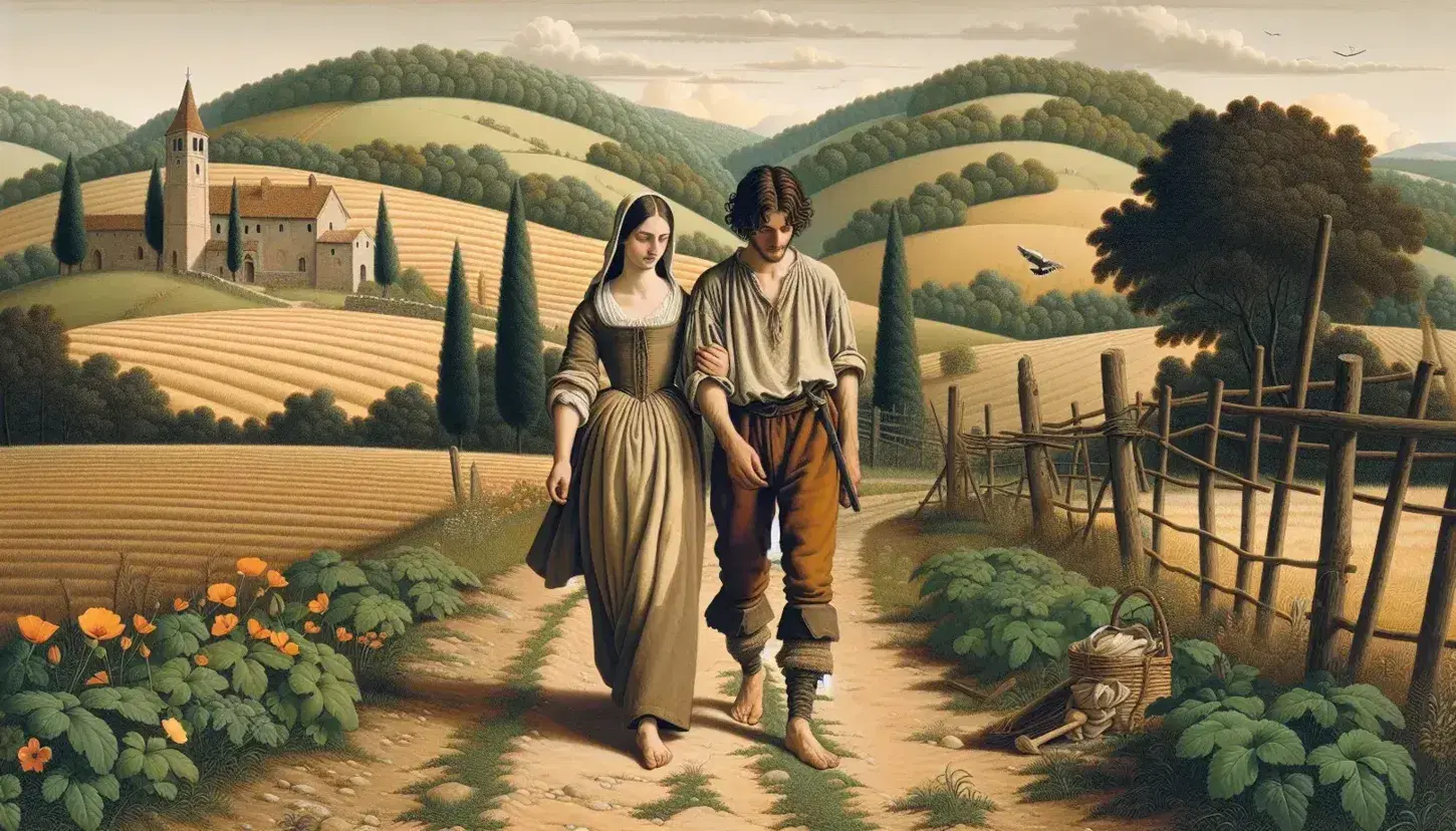 Coppia di contadini del XVII secolo cammina a piedi nudi su sentiero di campagna lombarda, con chiesetta e colline sullo sfondo.