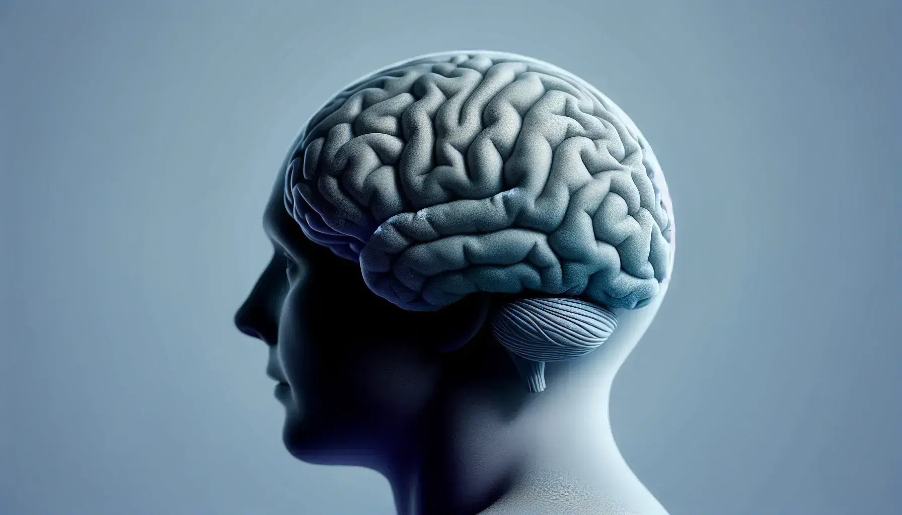 Cerebro humano en tonos grises y azules con figura humana en posición fetal simbolizando introspección o vulnerabilidad sobre fondo neutro.