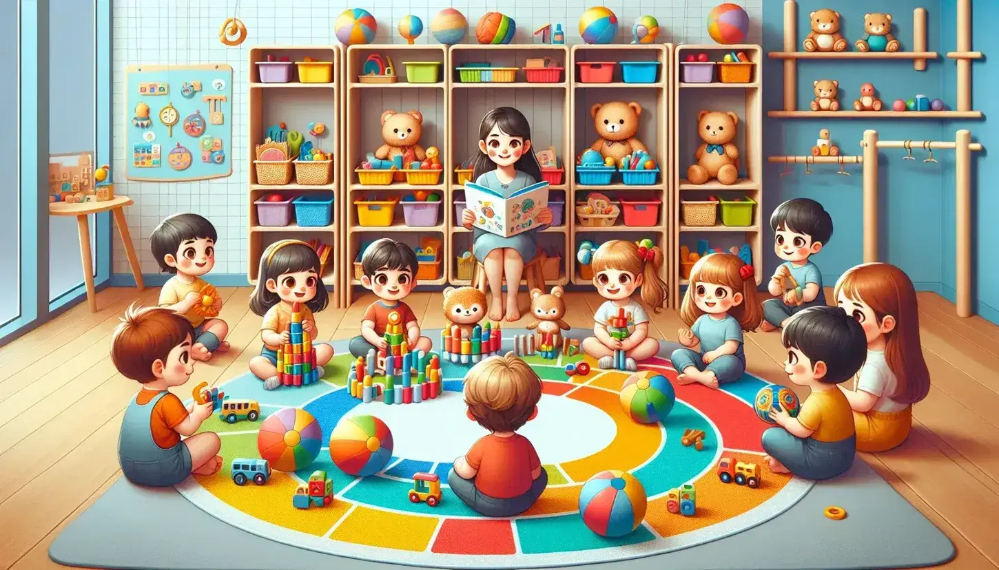 Niños de diversas etnias jugando en un aula colorida con juguetes y una educadora sonriente extendiendo un tambor a un niño.