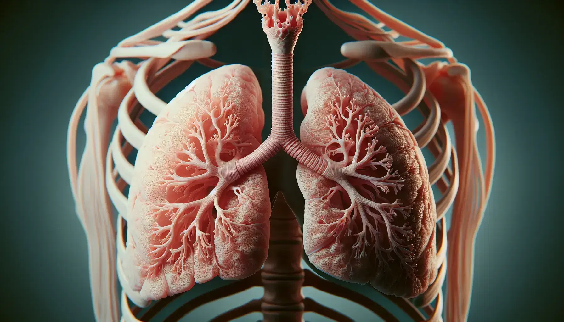 Vista anatómica detallada del sistema respiratorio humano con pulmones, tráquea con anillos cartilaginosos y caja torácica.