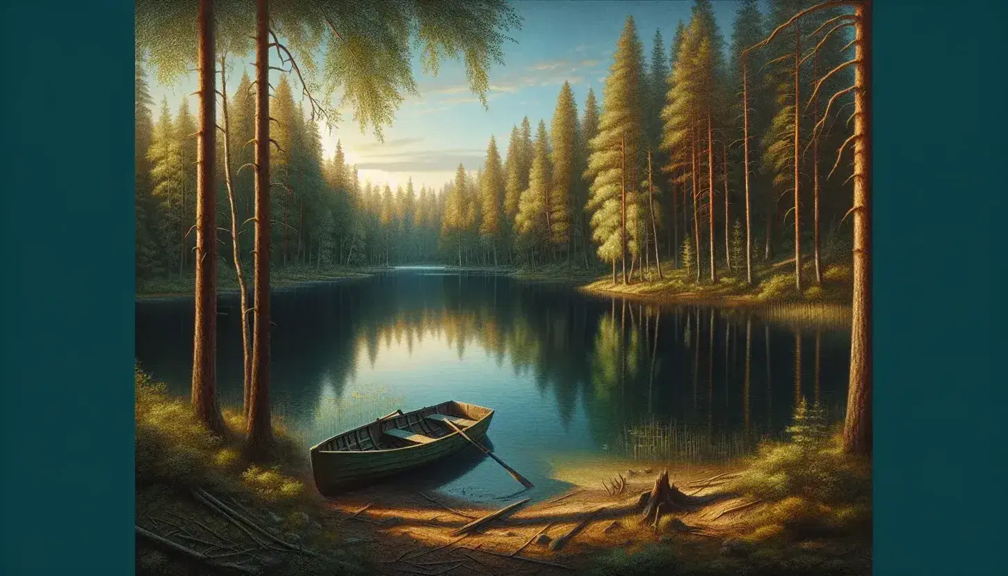 Serene lake surrounded by dense forest with autumn hues, a weathered wooden rowboat near the shore, and a calm, reflective water surface.