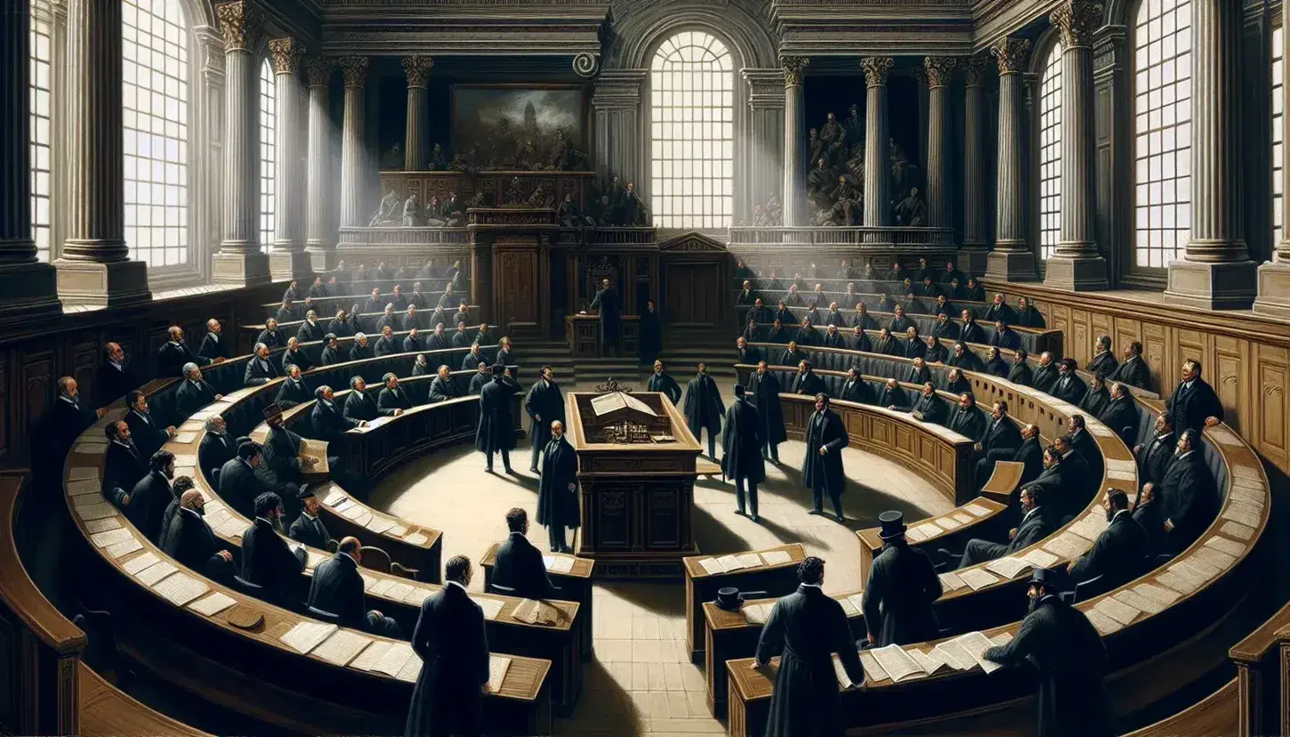 Scena storica in aula parlamentare del Risorgimento con uomini in abiti d'epoca in dibattito, banchi semicircolari e luce naturale da finestra ad arco.