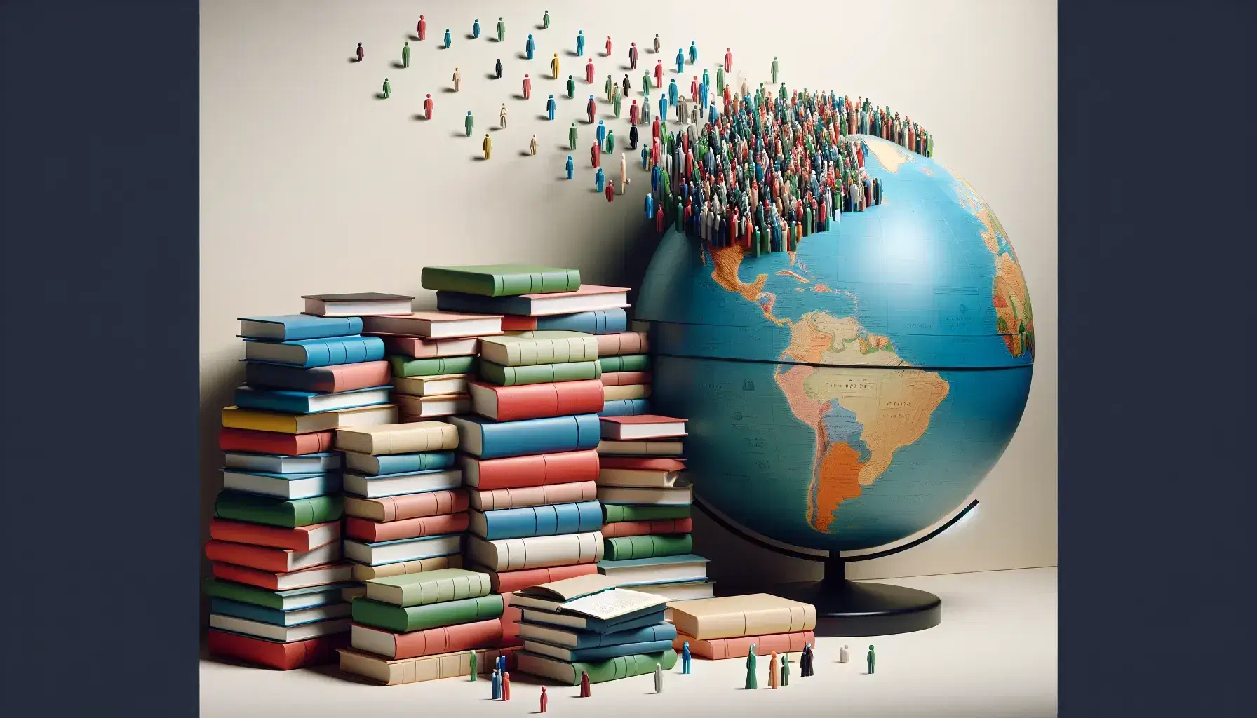 Mucchio disordinato di libri colorati con un mappamondo appoggiato e altoparlante nero che emette figure stilizzate trasparenti.
