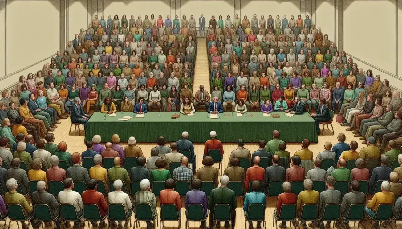 Diverse audience seated at town hall meeting facing stage with three speakers engaged in discussion, neutral decor, and natural light from large windows.
