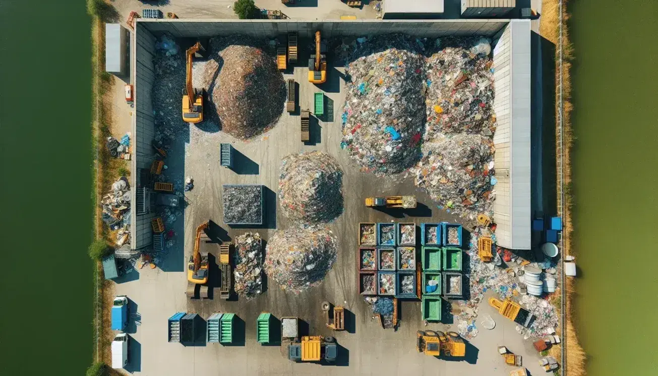Vista aérea de un centro de reciclaje con materiales separados por color y tipo, maquinaria amarilla operando y contenedores de metal alrededor, bajo un cielo azul claro.