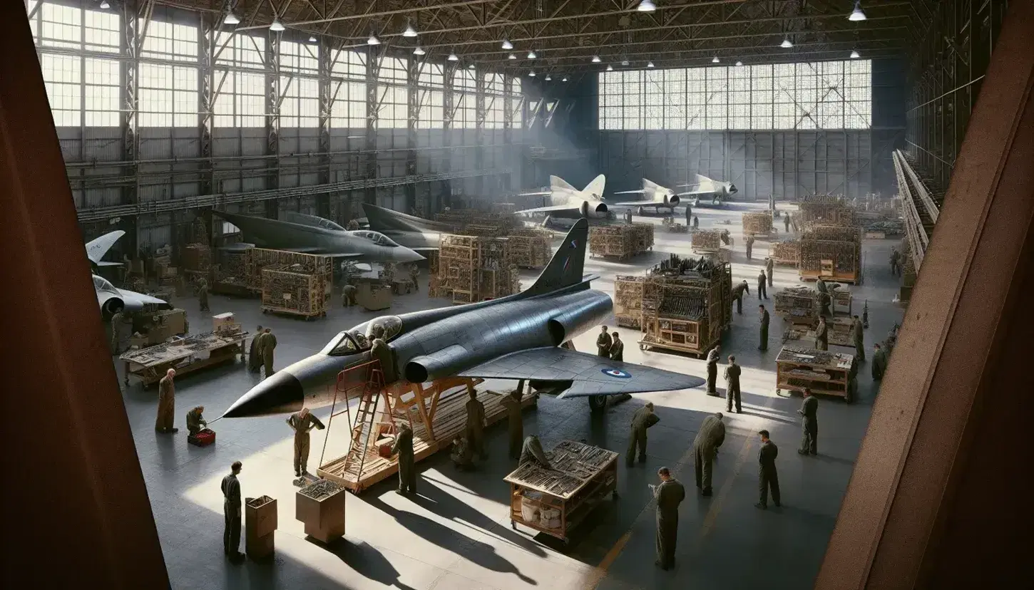 Workers assemble a fighter jet in a vintage military aircraft hangar, with tools in hand, amidst natural and artificial light, surrounded by aircraft parts.