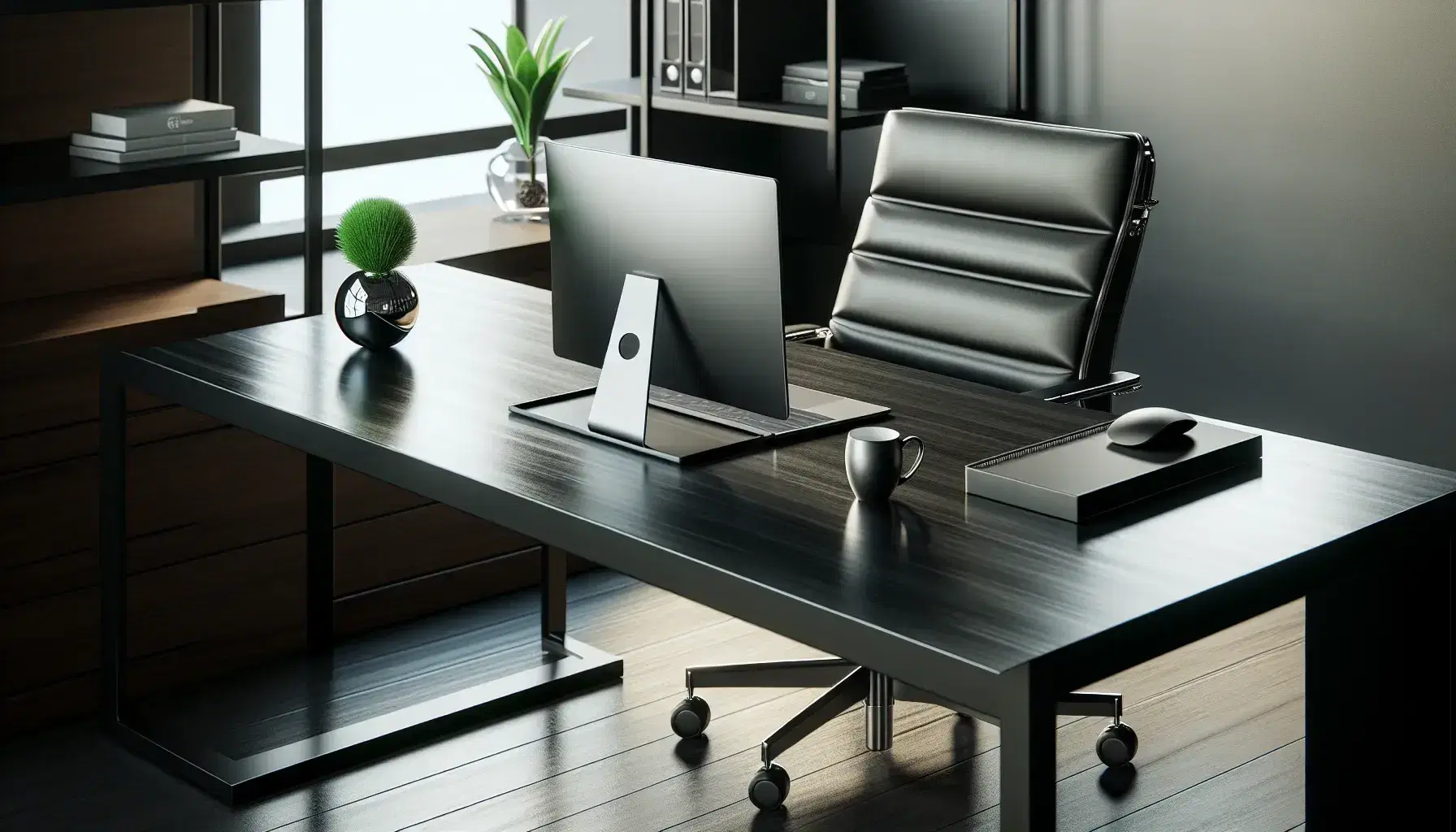 Modern empty office space with a sleek desk featuring a silver laptop, black wireless mouse, green potted plant, and a white mug, with a black ergonomic chair and large windows.