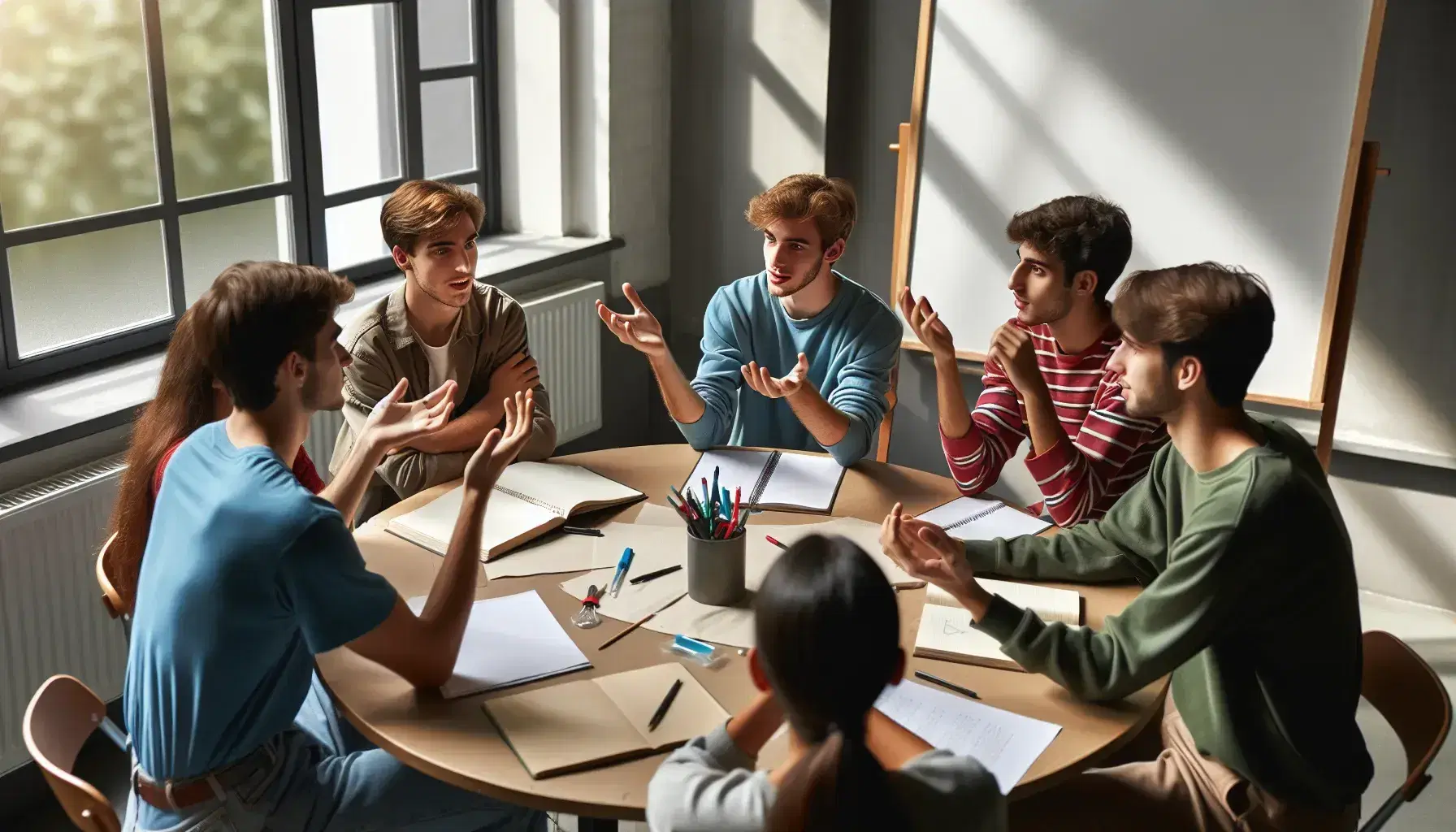Grupo de cinco estudiantes colaborando activamente alrededor de una mesa redonda con papeles y lápices, en una sala iluminada naturalmente.