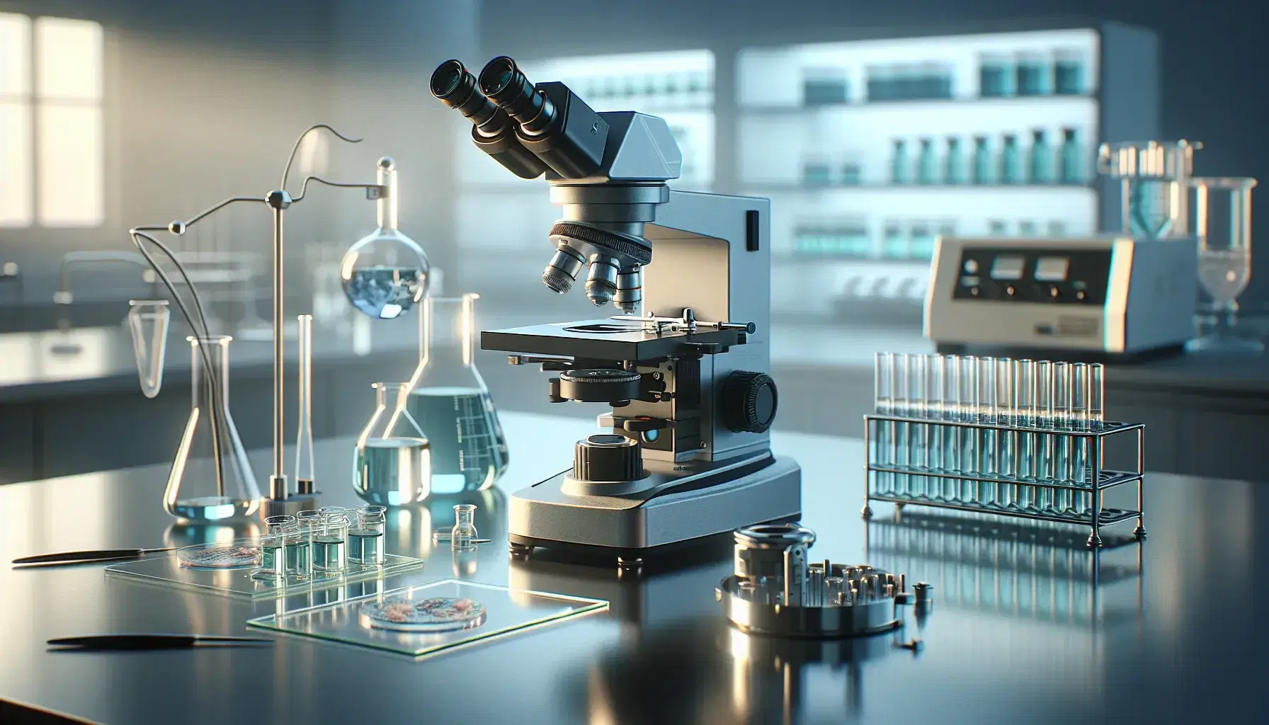 Serene laboratory setting with a prominent microscope, glass slides with specimens, and a background of scientific equipment including test tubes and a centrifuge.