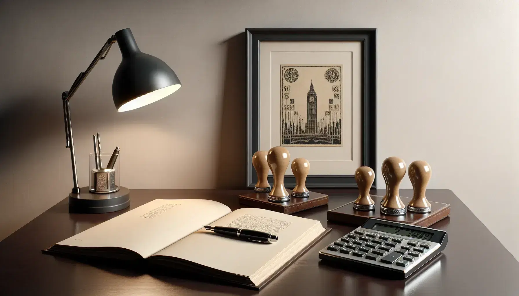 Scrivania in legno scuro con libro aperto, calcolatrice nera, set di timbri in legno, penna stilografica e lampada da tavolo, quadro astratto sullo sfondo.