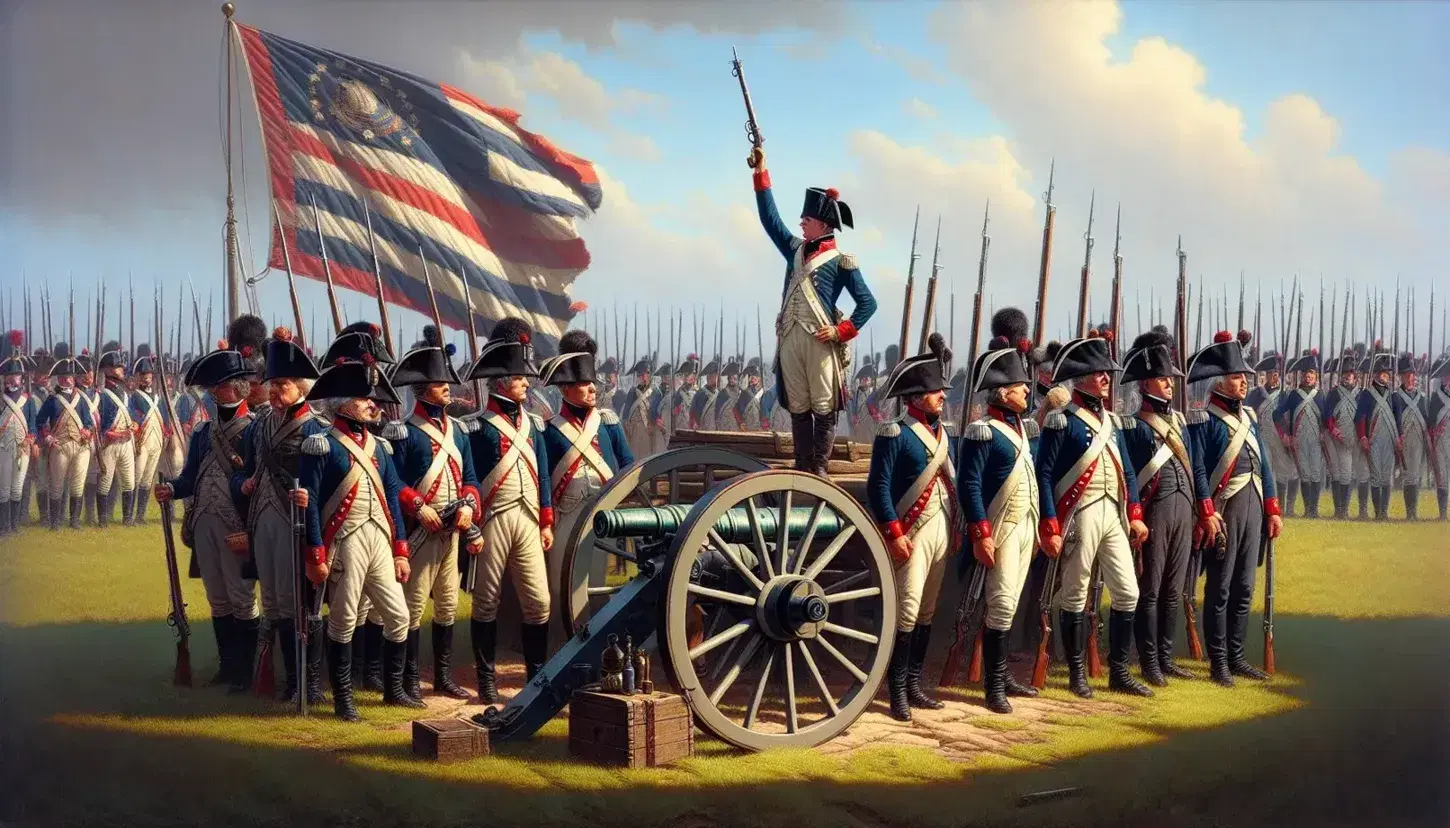 Escena histórica al aire libre con hombres en uniformes militares del siglo XVIII, sosteniendo mosquetes y un cañón al lado, bajo un cielo azul claro.